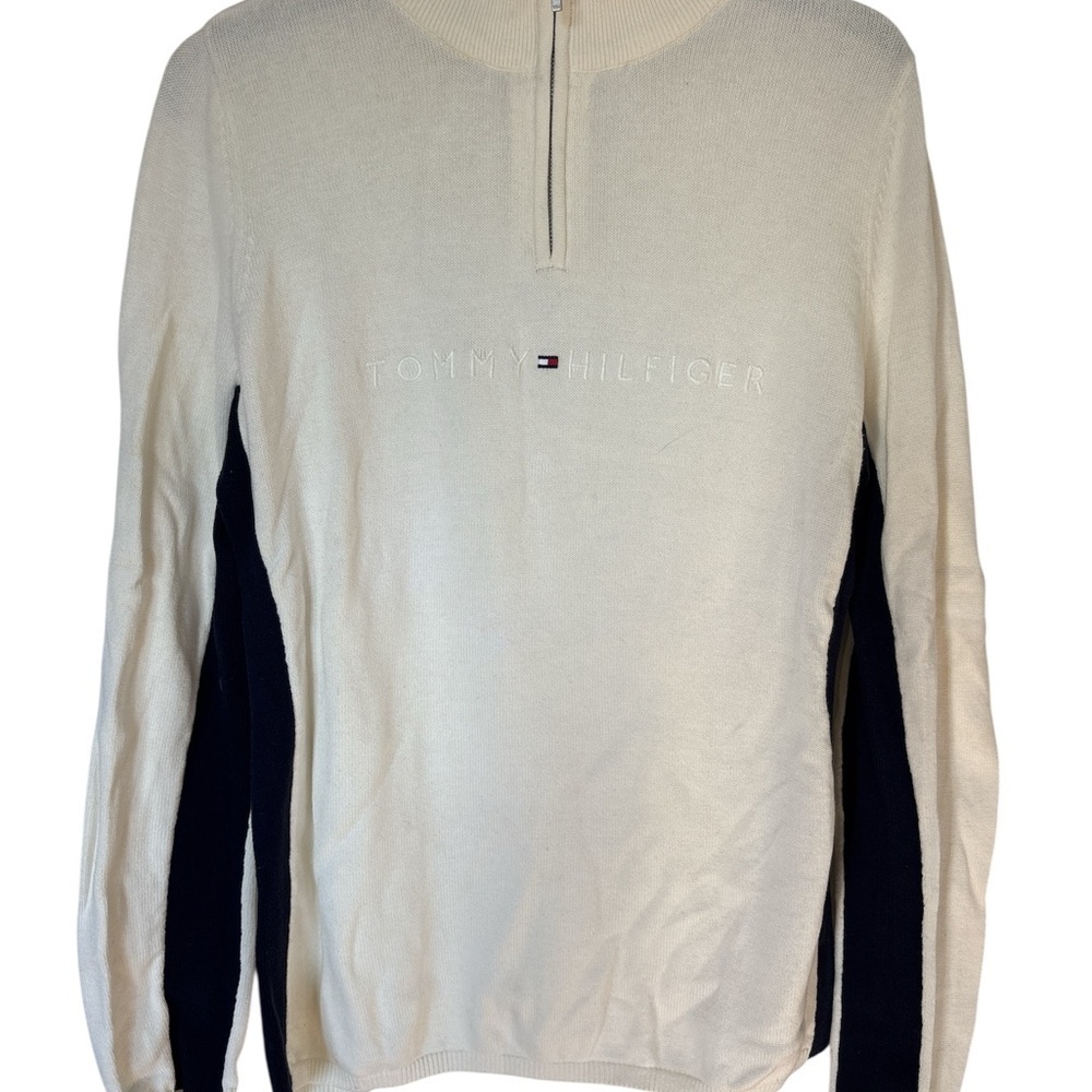 Tommy Hilfiger Sweater Women's Large White Ribbed 1/4 Zip Mock Neck Embroidered